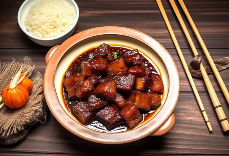 木纹桌子砂锅里的红烧肉,高清,摄影图,摄影图片,图片大全,摄影图免费下载